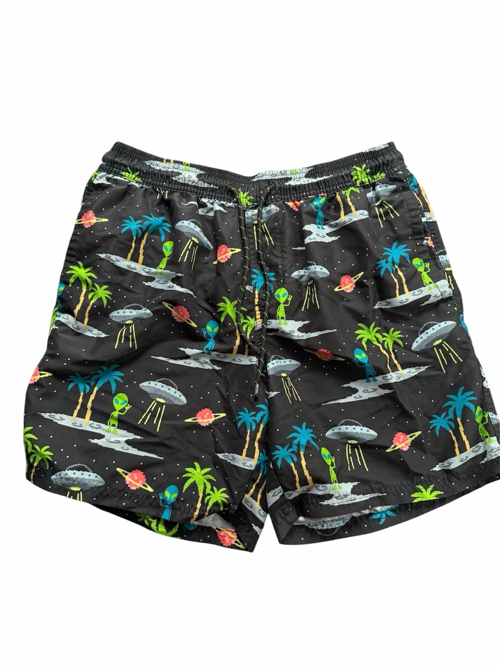 No Boundaries Men's Swim Shorts Size M 32-34 Pixel Alien UFO Board Shorts Black